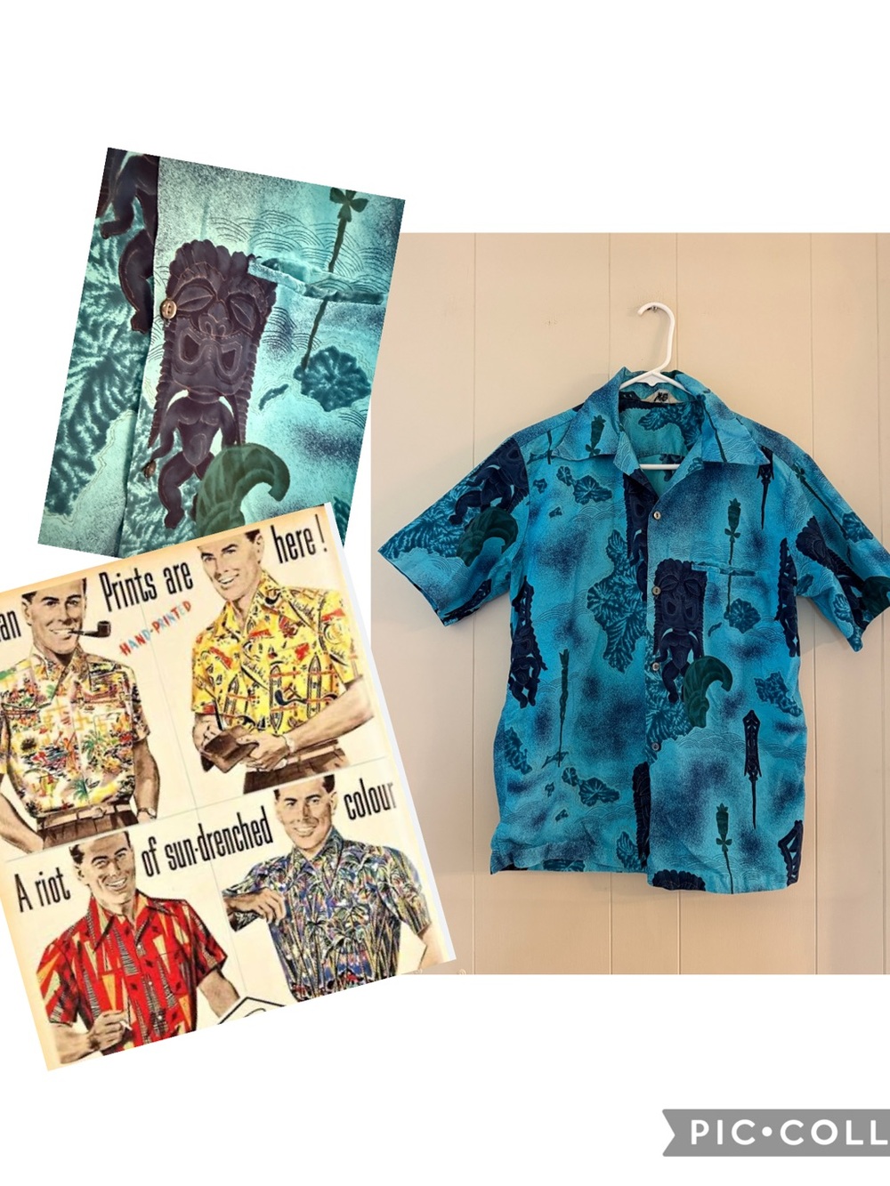 VINTAGE Reef Blue Tropical Tiki Print Short-Sleeve Shirt